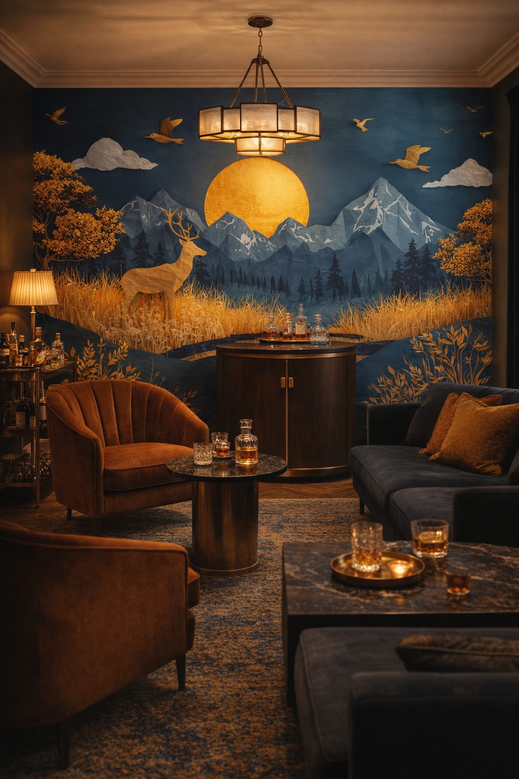 Art Deco black-and-gold deer featuring golden sun - Wall Mural Peel and Stick Wallpaper for Art Deco Bar/Lounge.
