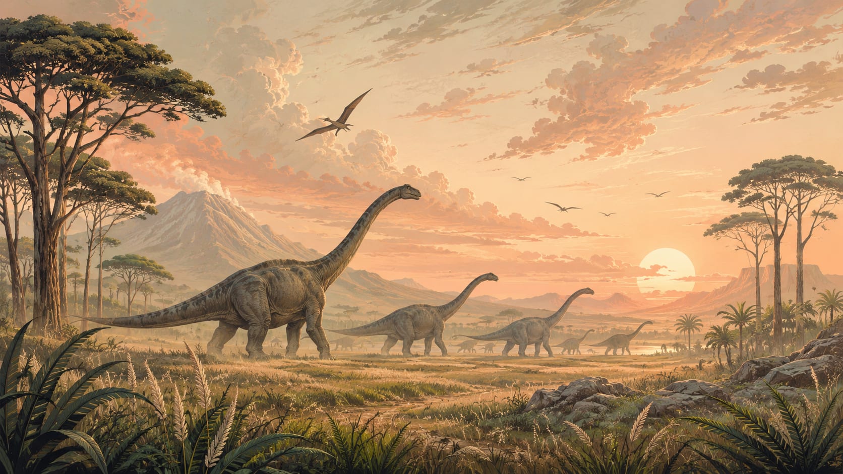 Cinematic Painterly Warm Beige Sauropods featuring pterosaurs and prehistoric landscape - Wall Mural & Peel and Stick Wallpaper for Painterly Nursery or Kids Room