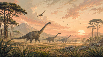 Cinematic Painterly Warm Beige Sauropods featuring pterosaurs and prehistoric landscape - Wall Mural & Peel and Stick Wallpaper for Painterly Nursery or Kids Room