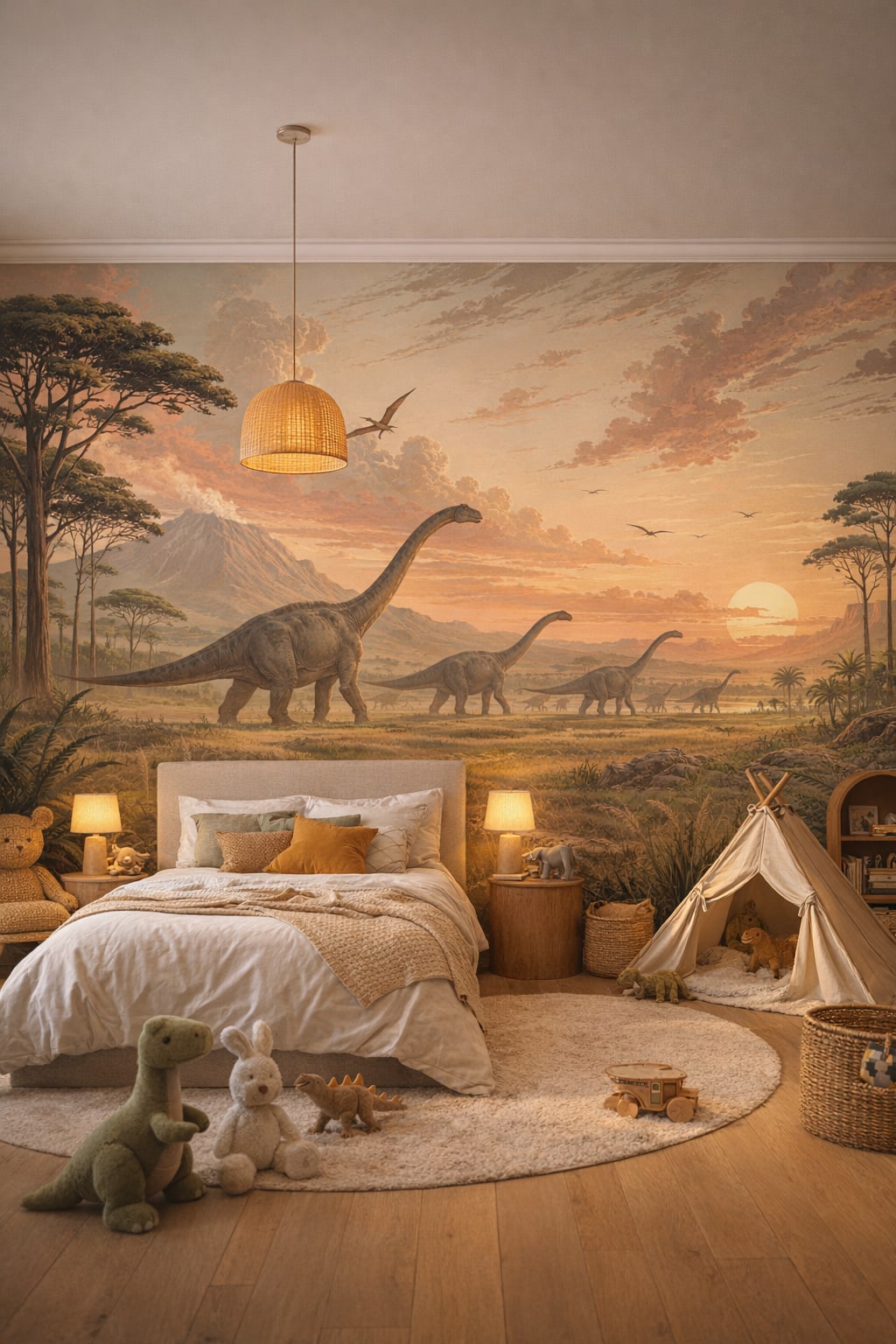 Olive Modern Safari sauropods featuring pterosaurs - Wall Mural Peel and Stick Wallpaper for Modern Safari Kids Bedroom.