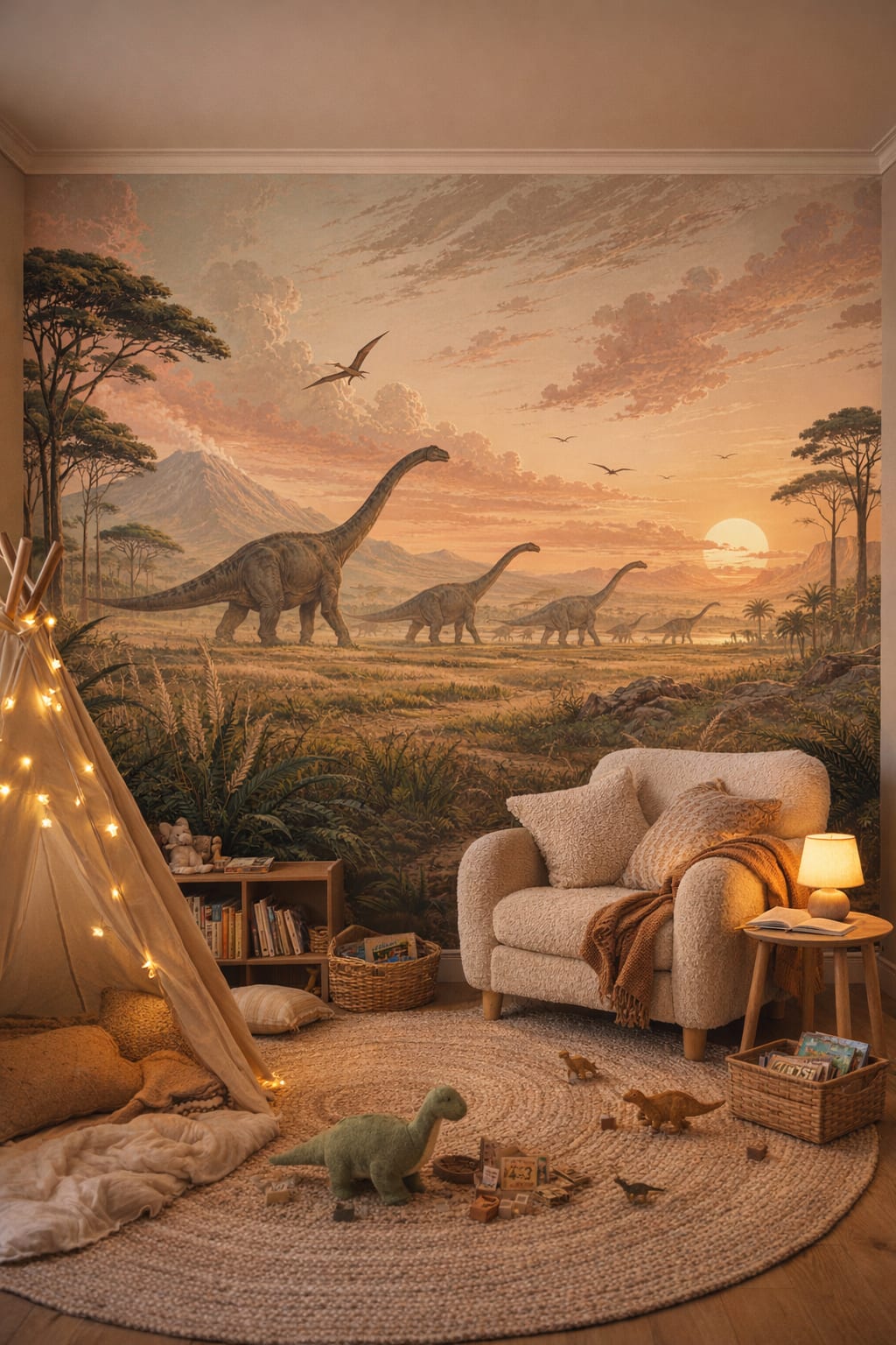 Moss green, raw wood sauropods featuring pterosaurs - Wall Mural Peel and Stick Wallpaper for Woodland / Forest Reading Corner.