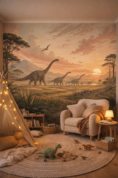 Moss green, raw wood sauropods featuring pterosaurs - Wall Mural Peel and Stick Wallpaper for Woodland / Forest Reading Corner.