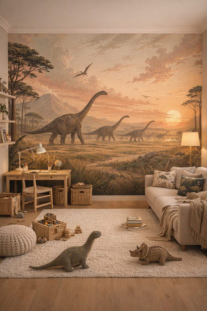 Birch Scandi Kids sauropods featuring pterosaurs - Wall Mural Peel and Stick Wallpaper for Scandi Kids Homework / Study Corner.