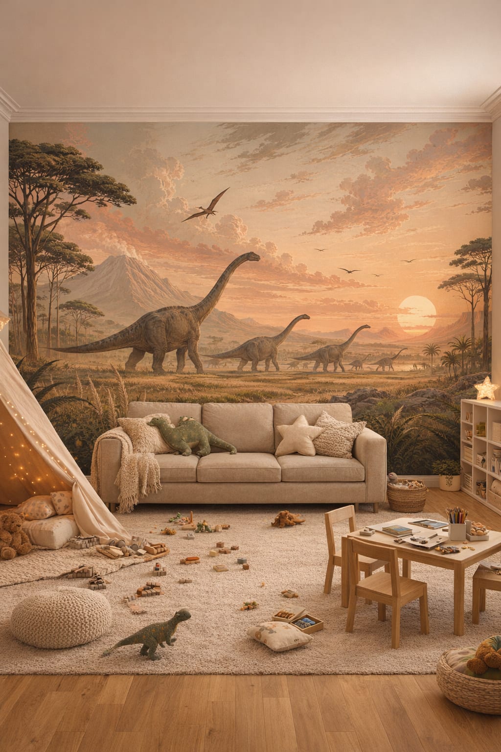 Dusty rose Classic Storybook sauropods featuring pterosaurs - Wall Mural Peel and Stick Wallpaper for Classic Storybook Playroom.