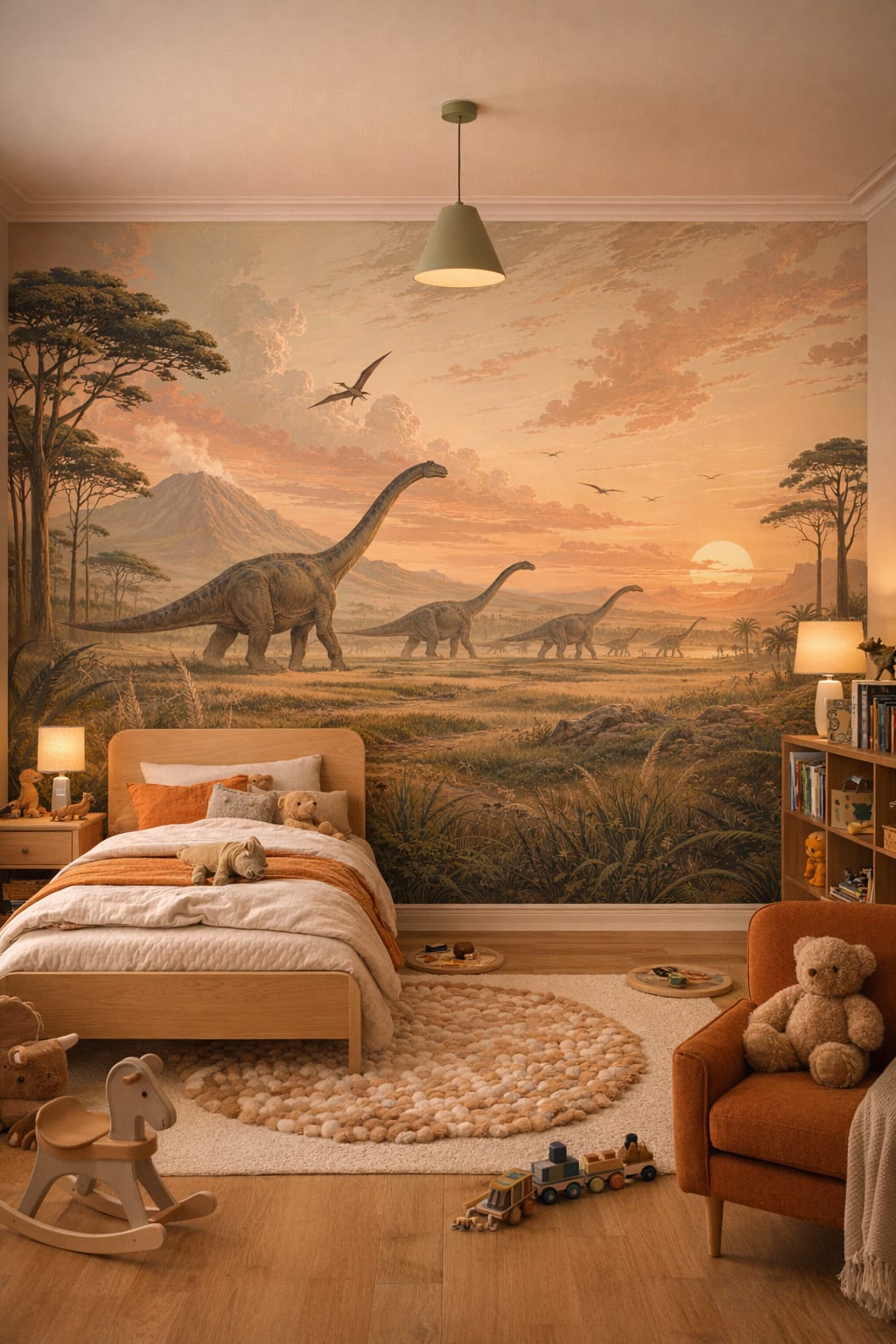 Mid-century Kids teal sauropods featuring pterosaurs - Wall Mural Peel and Stick Wallpaper for Mid-century Kids Kids Bedroom.