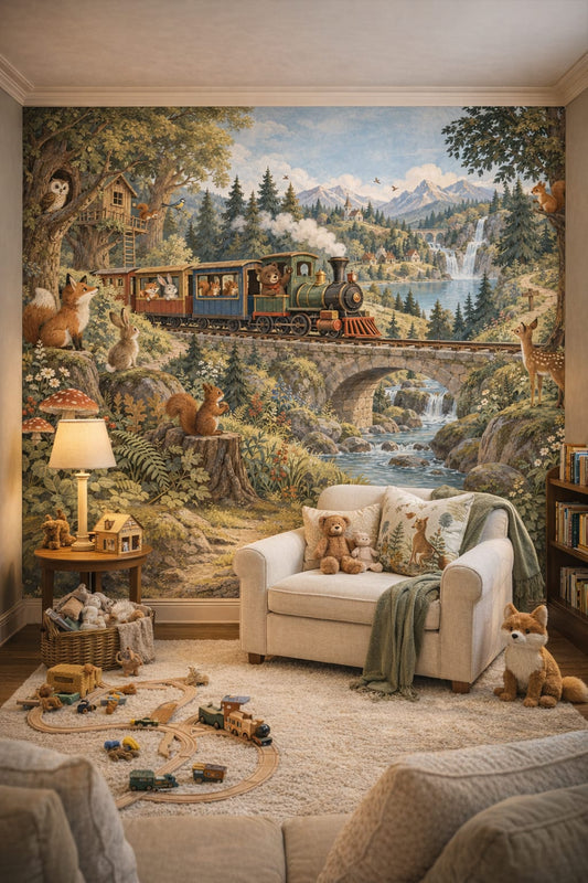 Classic Storybook dusty rose woodland animals featuring steam train - Wall Mural Peel and Stick Wallpaper for Classic Storybook Reading Corner.
