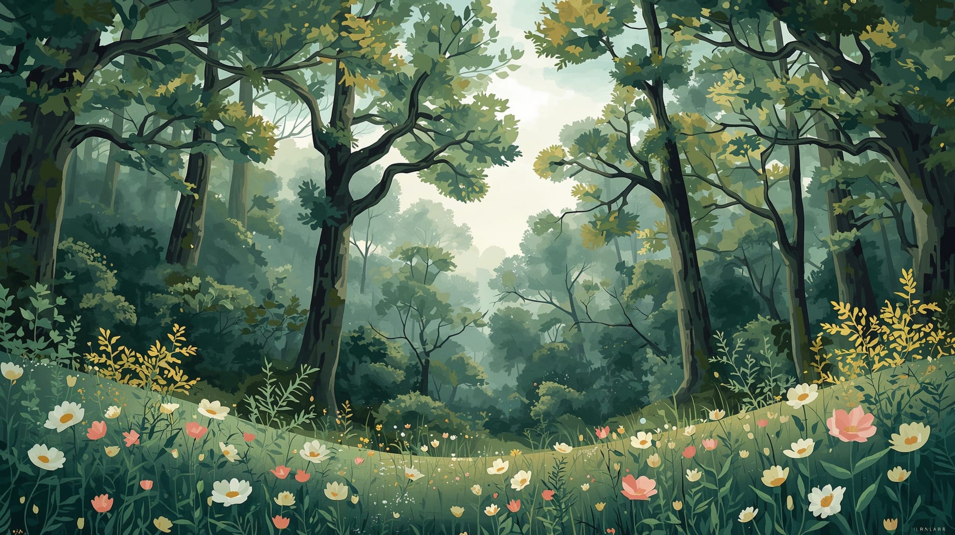 Atmospheric tranquil Sage forest landscape featuring wildflowers - Wall Mural & Peel and Stick Wallpaper for Painterly Interiors and Premium Home Styling