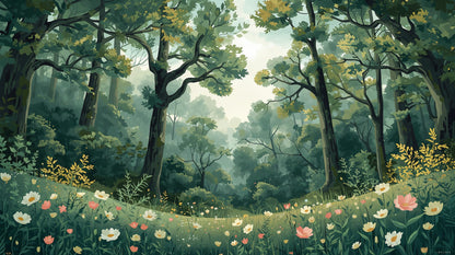 Atmospheric tranquil Sage forest landscape featuring wildflowers - Wall Mural & Peel and Stick Wallpaper for Painterly Interiors and Premium Home Styling