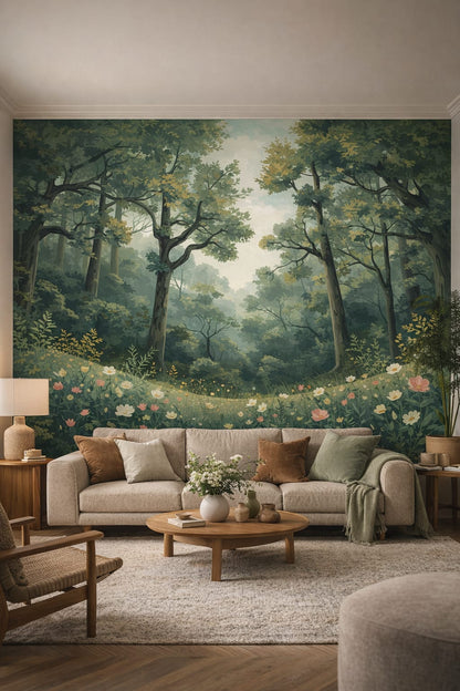Organic Modern olive-toned forest landscape featuring wildflowers - Wall Mural Peel and Stick Wallpaper for Organic Modern Living Room.