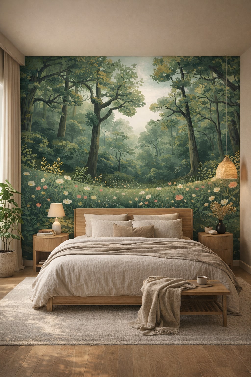 Japandi sand-toned forest landscape featuring wildflowers - Wall Mural Peel and Stick Wallpaper for Japandi Master Bedroom.