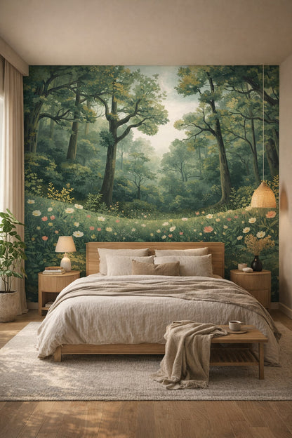 Japandi sand-toned forest landscape featuring wildflowers - Wall Mural Peel and Stick Wallpaper for Japandi Master Bedroom.