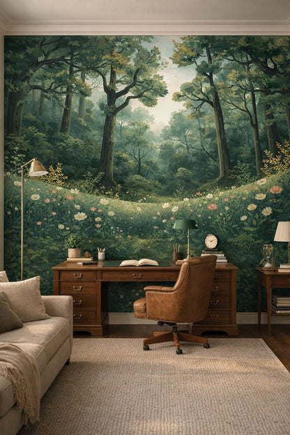 Academic olive-toned forest landscape featuring wildflowers - Wall Mural Peel and Stick Wallpaper for Light Academia Executive Home Office.
