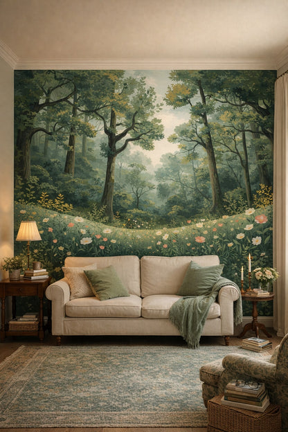 Cottage green forest landscape featuring wildflowers - Wall Mural Peel and Stick Wallpaper for English Cottage Reading Corner.