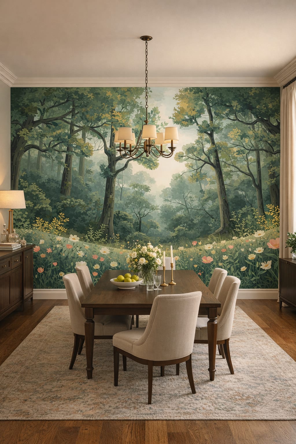 Cream-toned refined forest landscape featuring wildflowers - Wall Mural Peel and Stick Wallpaper for Modern Classic Formal Dining Room.