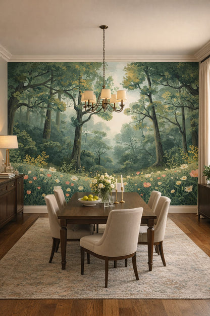 Cream-toned refined forest landscape featuring wildflowers - Wall Mural Peel and Stick Wallpaper for Modern Classic Formal Dining Room.