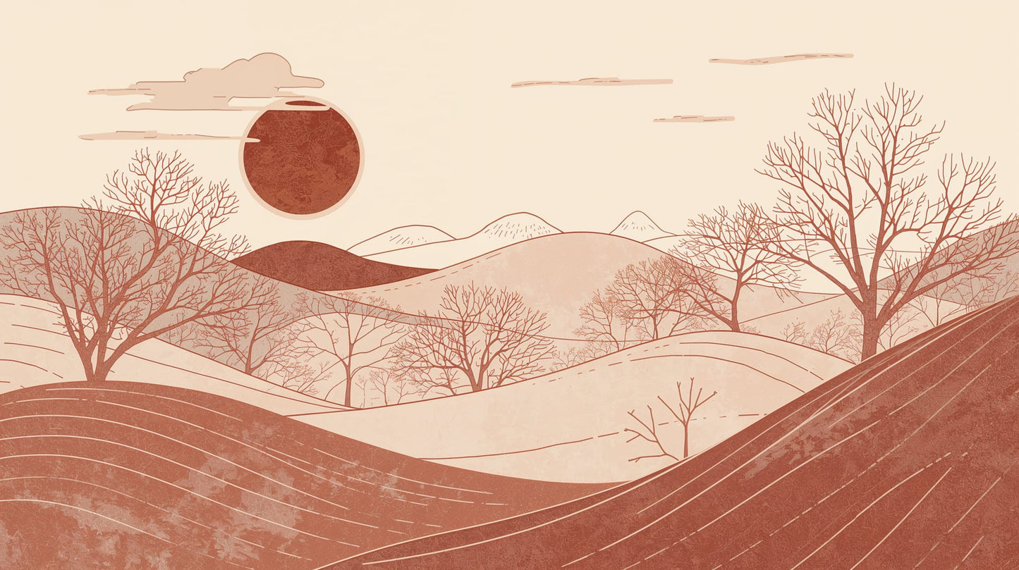 Calming minimalist Terracotta minimal landscape featuring rolling hills and bare trees - Wall Mural & Peel and Stick Wallpaper for Minimalist Interiors and Premium Home Styling.