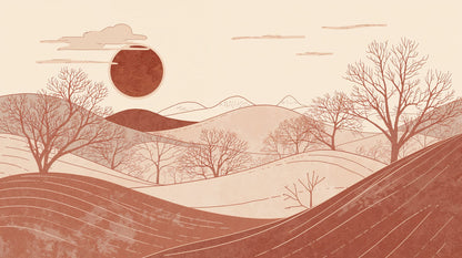 Calming minimalist Terracotta minimal landscape featuring rolling hills and bare trees - Wall Mural & Peel and Stick Wallpaper for Minimalist Interiors and Premium Home Styling.