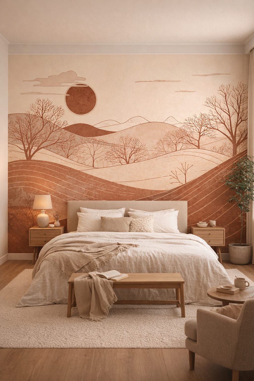 Sand-toned Japandi minimal landscape featuring sun disc - Wall Mural Peel and Stick Wallpaper for Japandi Master Bedroom.