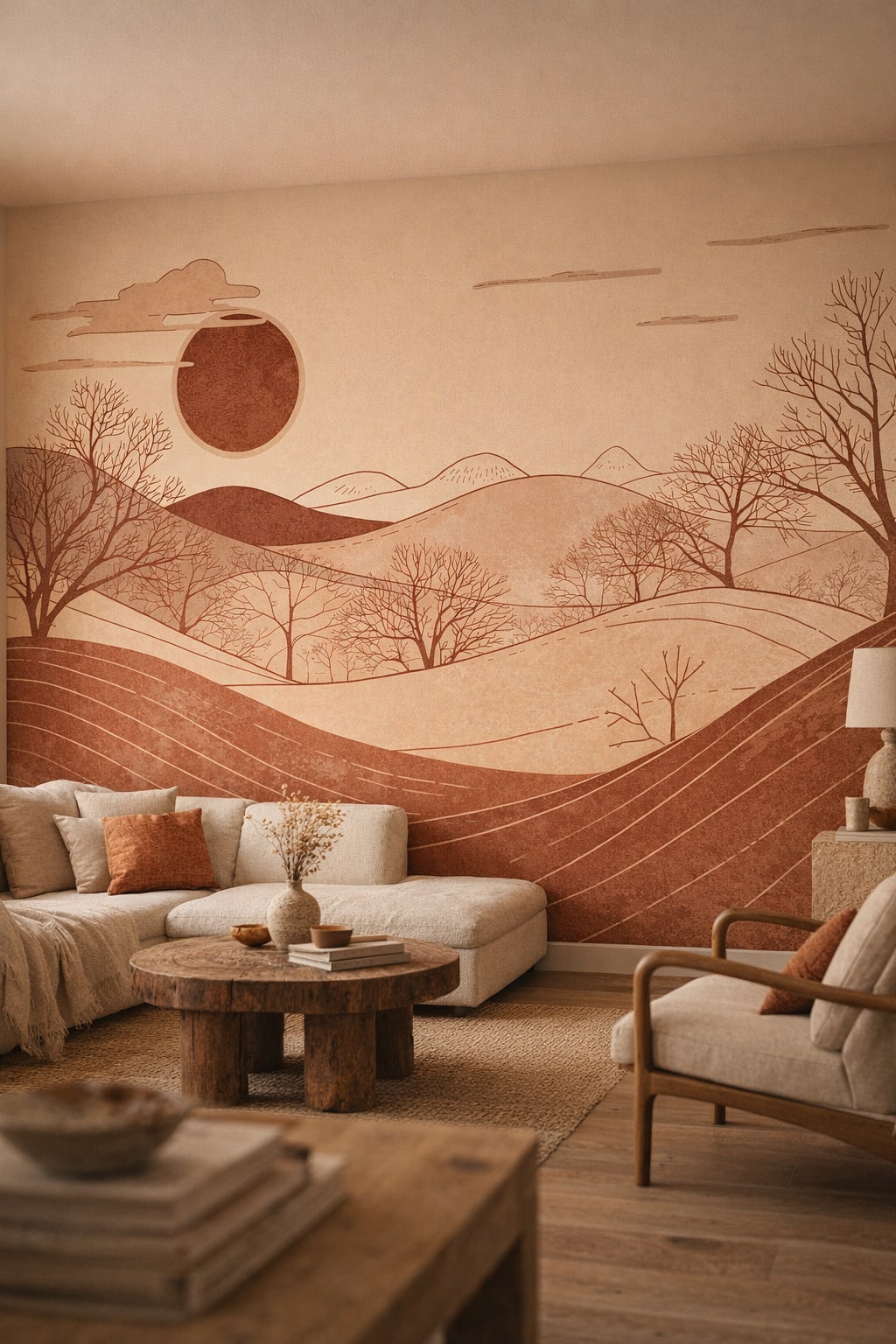 Wabi-sabi earthy minimal landscape featuring rolling hills - Wall Mural Peel and Stick Wallpaper for Wabi-sabi Living Room.