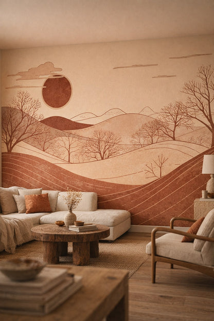 Wabi-sabi earthy minimal landscape featuring rolling hills - Wall Mural Peel and Stick Wallpaper for Wabi-sabi Living Room.