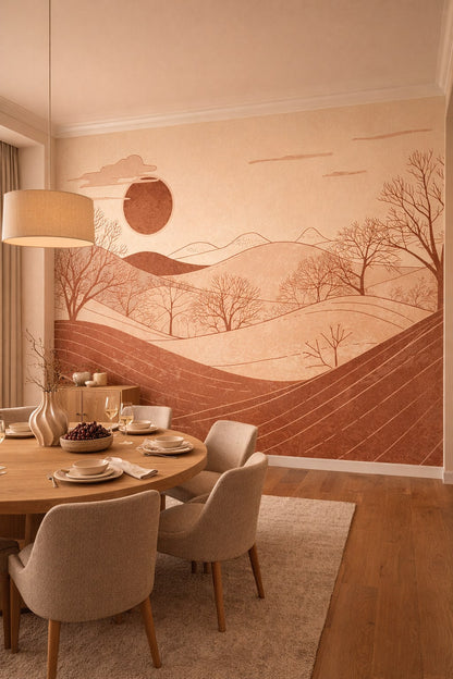 Organic Modern cream minimal landscape featuring sun disc - Wall Mural Peel and Stick Wallpaper for Organic Modern Formal Dining Room.