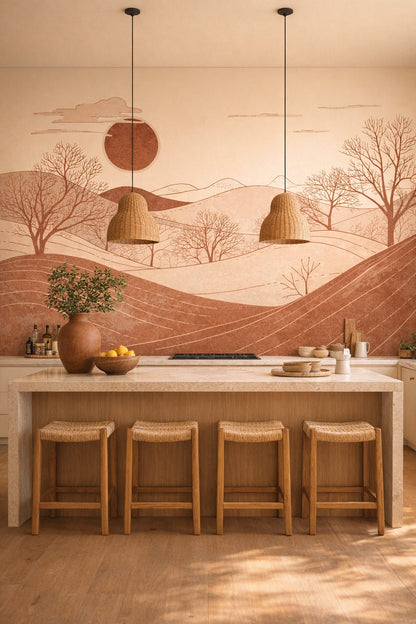 Mediterranean Modern sand-toned minimal landscape featuring sun disc - Wall Mural Peel and Stick Wallpaper for Mediterranean Modern High-end Kitchen.