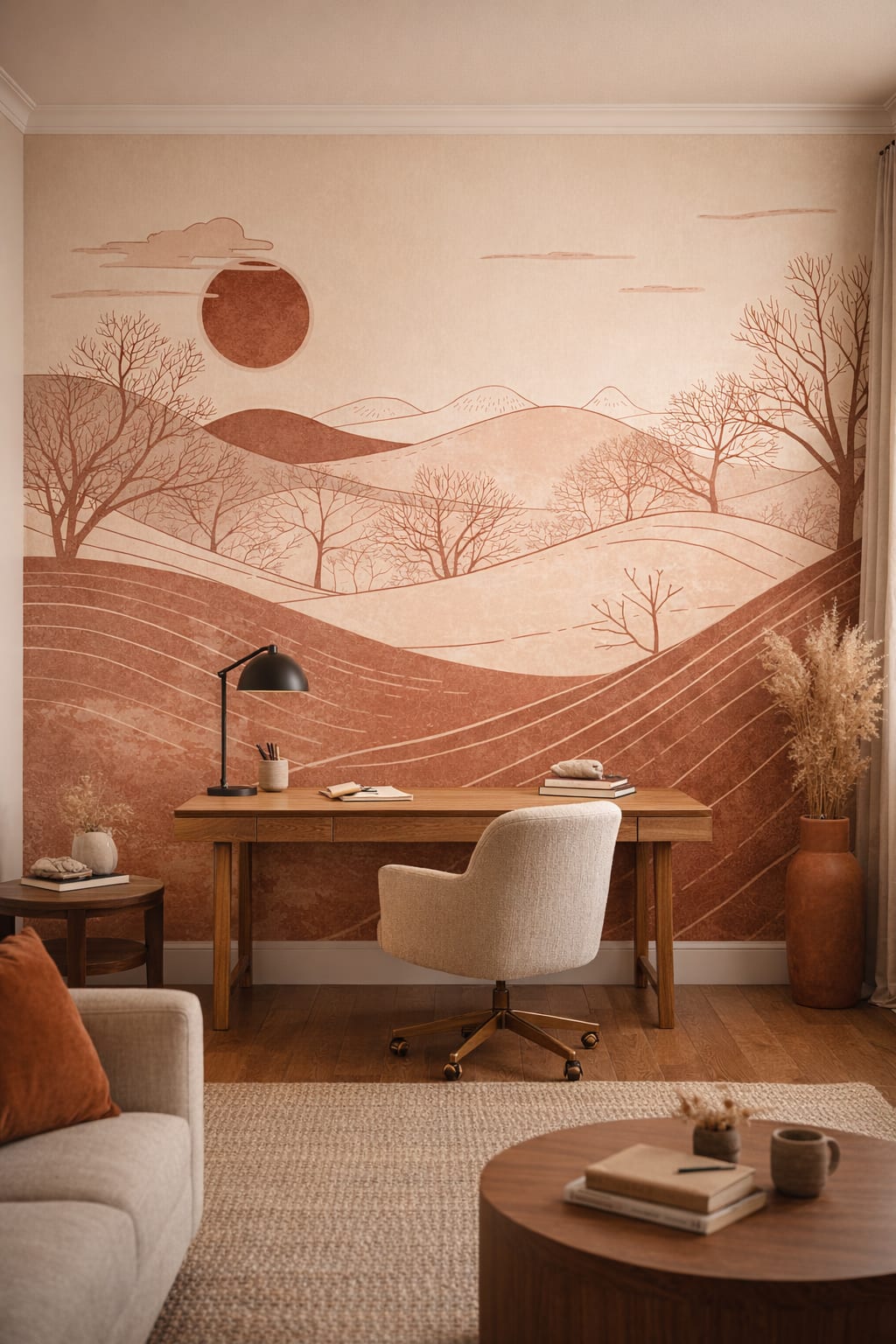 Sand-toned Desert Modern minimal landscape featuring sun disc - Wall Mural Peel and Stick Wallpaper for Desert Modern Executive Home Office.