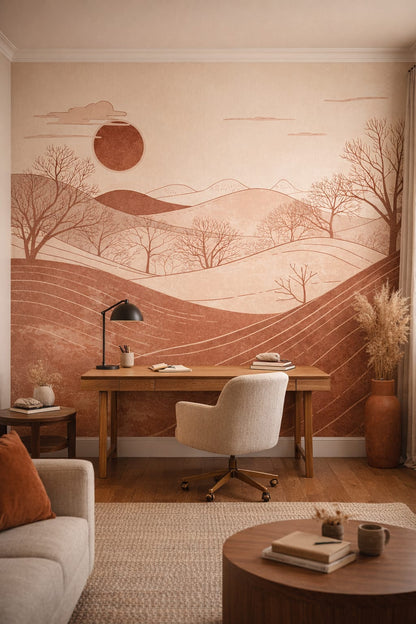Sand-toned Desert Modern minimal landscape featuring sun disc - Wall Mural Peel and Stick Wallpaper for Desert Modern Executive Home Office.
