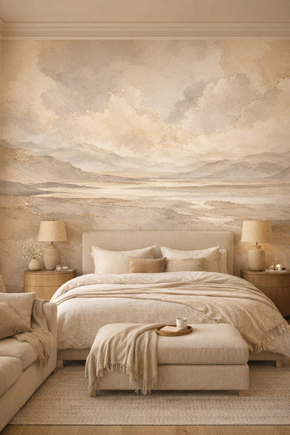 Greige Quiet Luxury abstract marble - Wall Mural Peel and Stick Wallpaper for Quiet Luxury Master Bedroom.