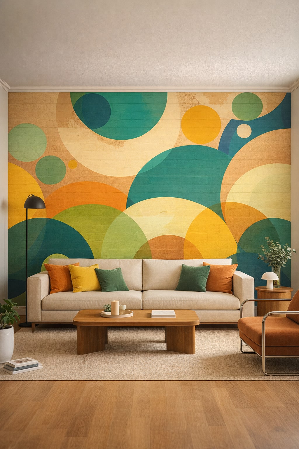 Bauhaus modern, white-and-primaries geometric circles featuring overlapping arcs - Wall Mural Peel and Stick Wallpaper for Bauhaus Living Room.