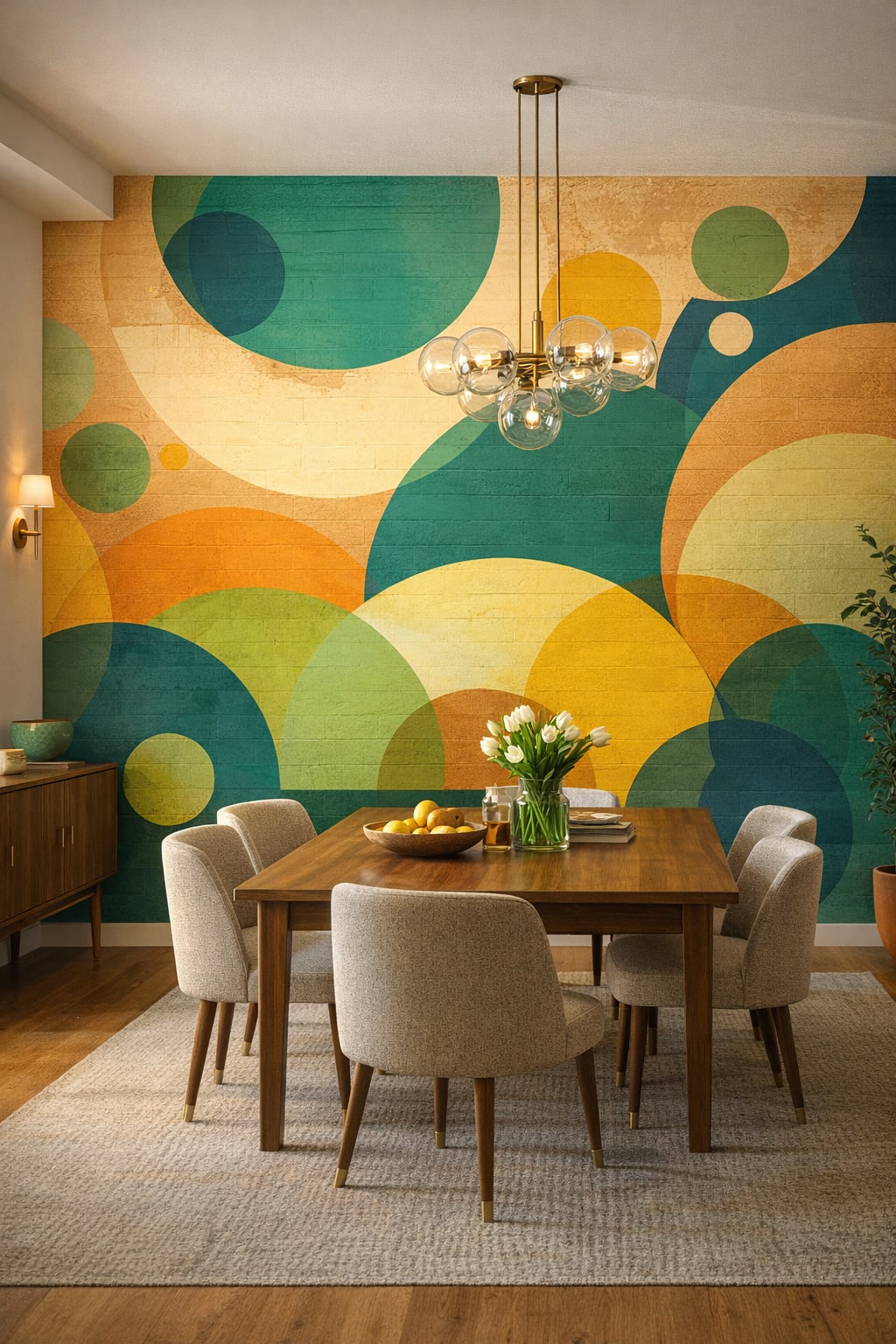 Mid-century Modern mustard geometric circles featuring overlapping arcs - Wall Mural Peel and Stick Wallpaper for Mid-century Modern Dining Room.