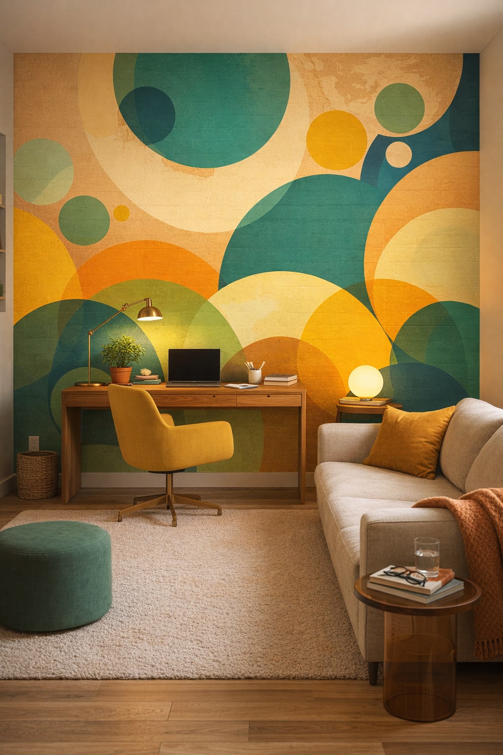 Color Blocking high-contrast geometric circles featuring overlapping arcs - Wall Mural Peel and Stick Wallpaper for Color Blocking Homework / Study Corner.