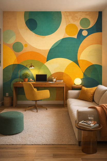 Color Blocking high-contrast geometric circles featuring overlapping arcs - Wall Mural Peel and Stick Wallpaper for Color Blocking Homework / Study Corner.