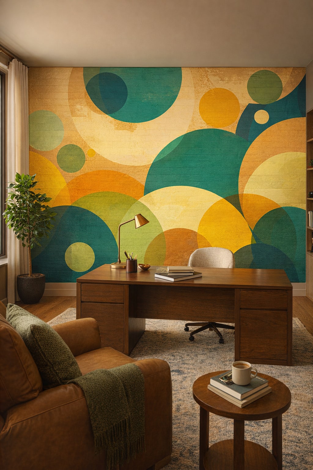 Contemporary neutral-accent geometric circles featuring color blocks - Wall Mural Peel and Stick Wallpaper for Contemporary Executive Home Office.