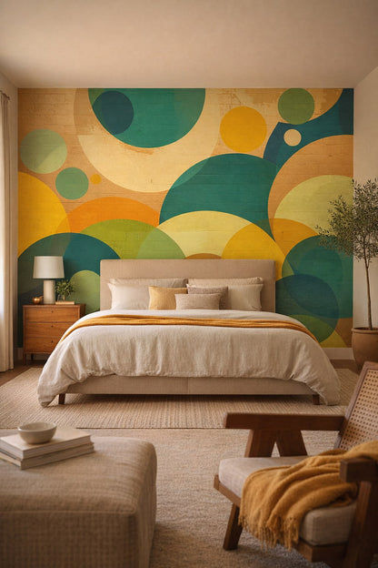 Organic Modern cream-sand geometric circles featuring overlapping arcs - Wall Mural Peel and Stick Wallpaper for Organic Modern Master Bedroom.