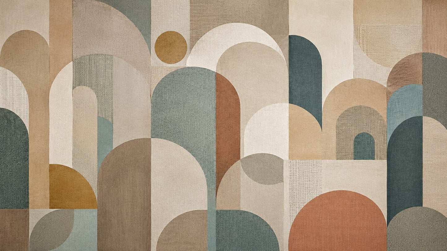 Refined Textured Beige geometric arches featuring geometric blocks and sun circle - Wall Mural & Peel and Stick Wallpaper for Geometric Interiors and Premium Home Styling