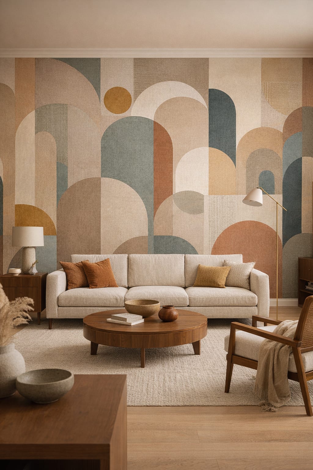 Mustard olive geometric arches featuring sun circle - Wall Mural Peel and Stick Wallpaper for Mid-century Modern Living Room.