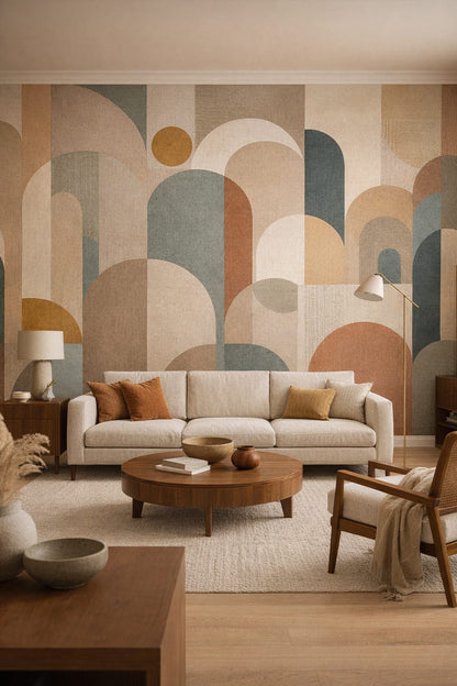 Mustard olive geometric arches featuring sun circle - Wall Mural Peel and Stick Wallpaper for Mid-century Modern Living Room.