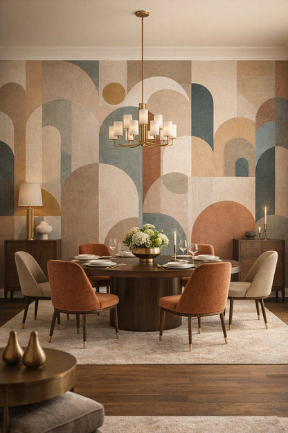 Art Deco black-and-gold geometric arches featuring geometric blocks - Wall Mural Peel and Stick Wallpaper for Art Deco Formal Dining Room.