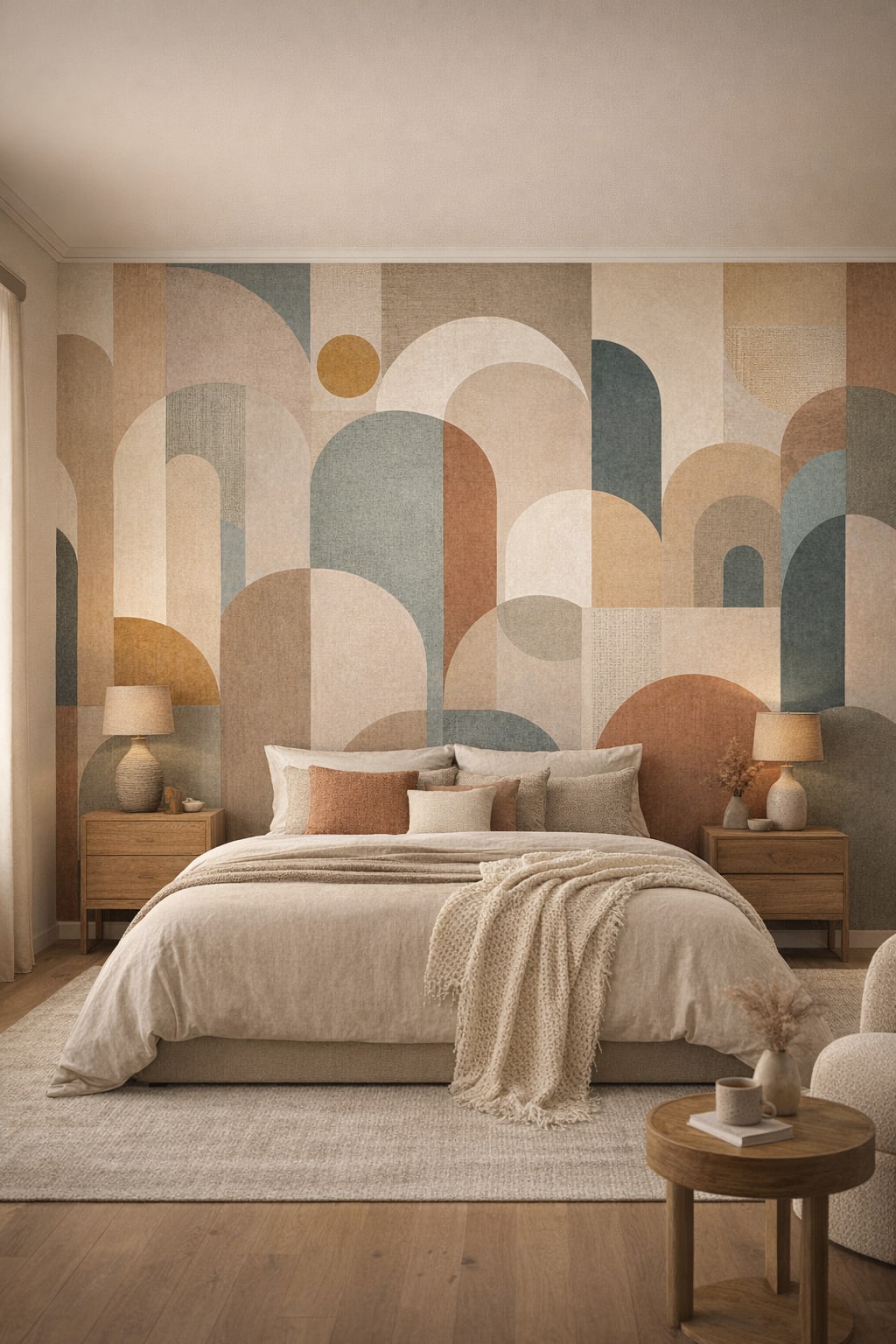 Desert Modern sand geometric arches featuring sun circle - Wall Mural Peel and Stick Wallpaper for Desert Modern Master Bedroom.