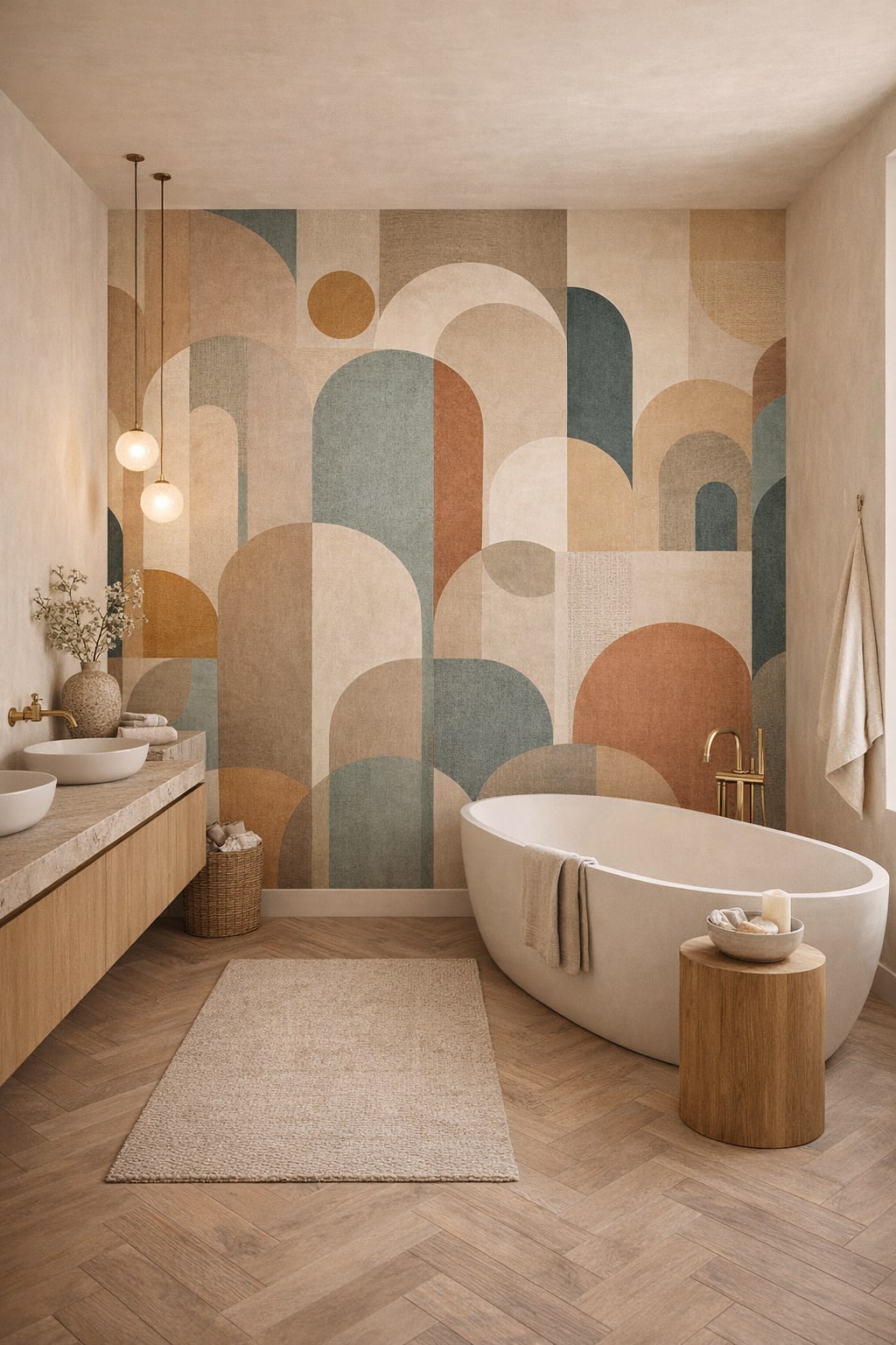 Contemporary neutral geometric arches featuring sun circle - Wall Mural Peel and Stick Wallpaper for Luxury Contemporary Luxury Bathroom.