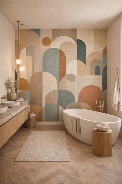 Contemporary neutral geometric arches featuring sun circle - Wall Mural Peel and Stick Wallpaper for Luxury Contemporary Luxury Bathroom.