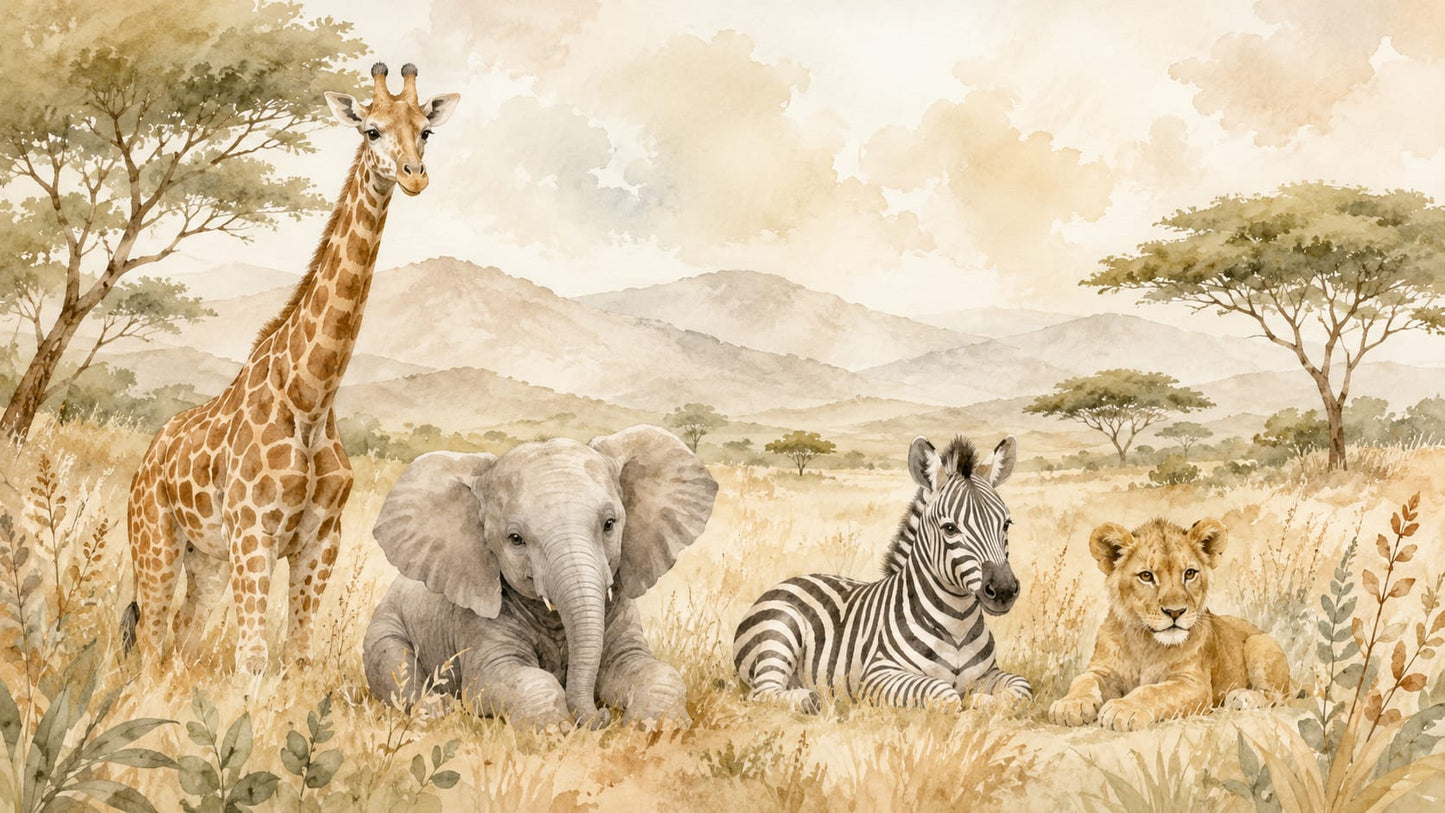 Gentle Watercolor Beige Safari Animals featuring Savanna Landscape and Acacia Trees - Wall Mural & Peel and Stick Wallpaper for Watercolor Nursery or Kids Room