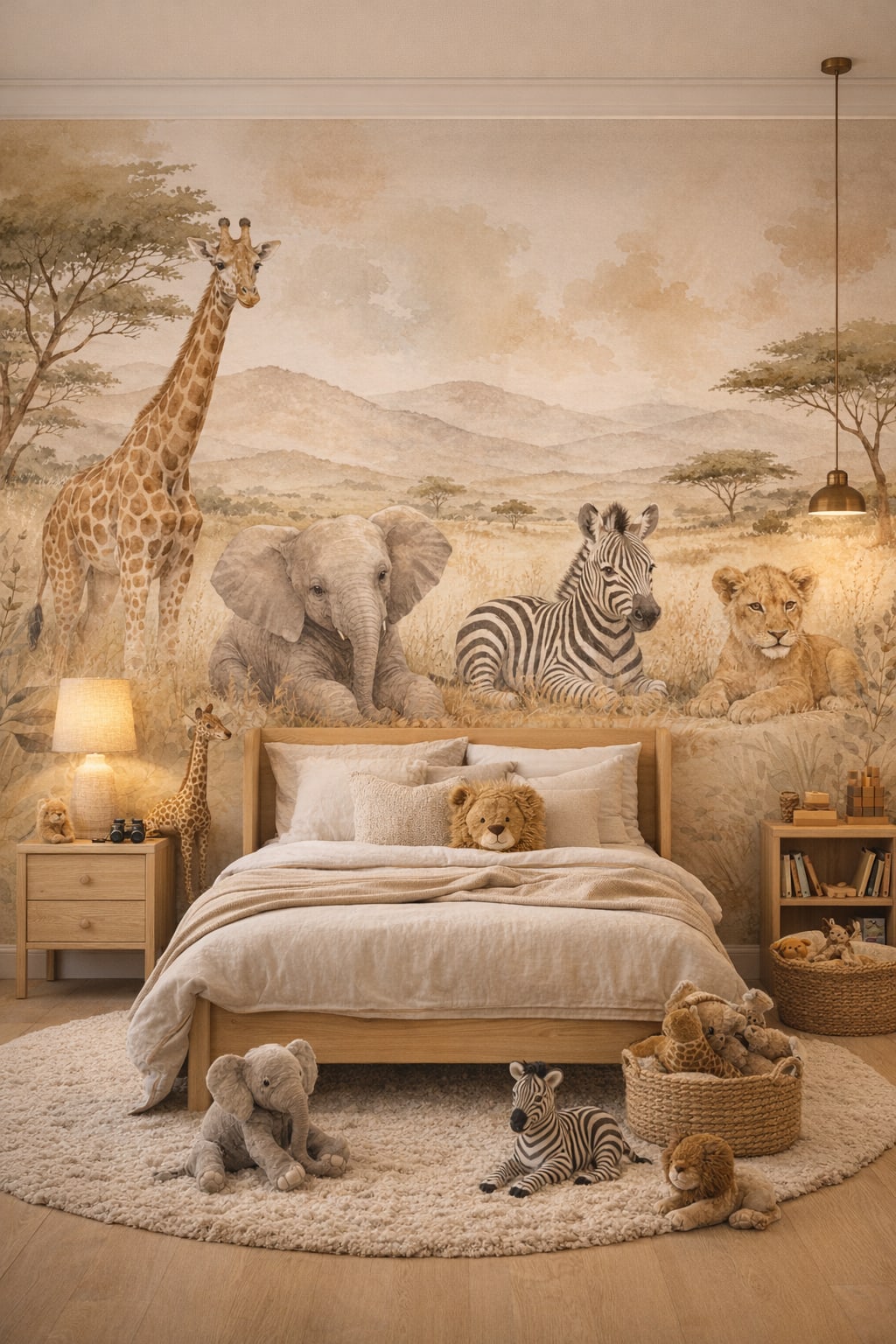 Modern Safari olive safari animals featuring savanna landscape - Wall Mural Peel and Stick Wallpaper for Modern Safari Kids Bedroom.