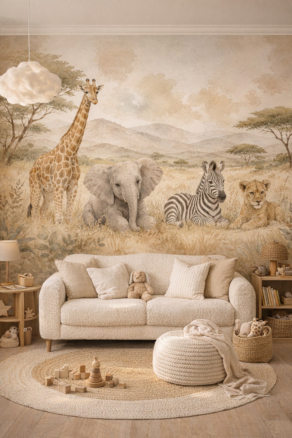 Scandi Kids white-birch safari animals featuring savanna landscape - Wall Mural Peel and Stick Wallpaper for Scandi Kids Reading Corner.