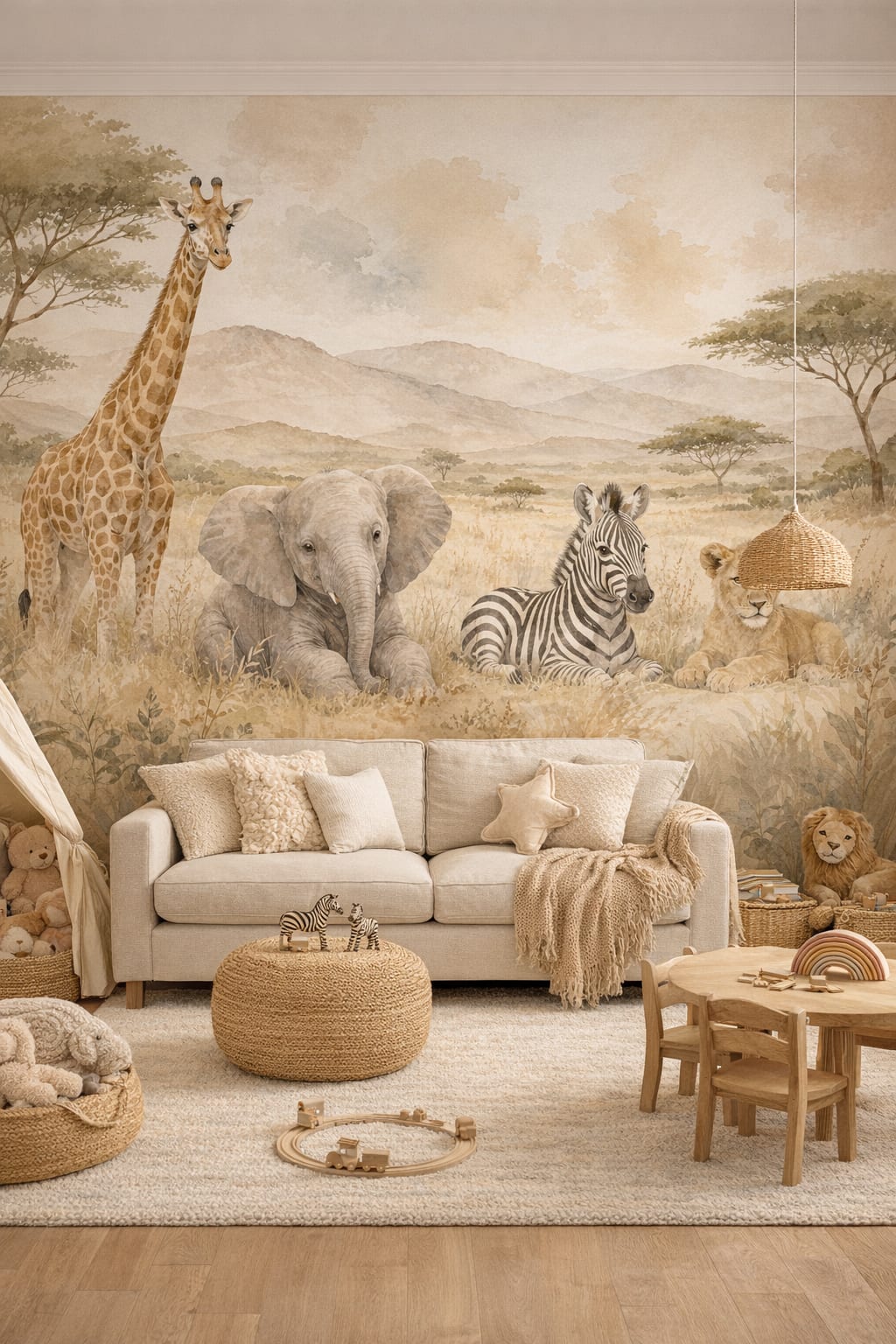 Cream terracotta Whimsical Boho safari animals featuring savanna landscape - Wall Mural Peel and Stick Wallpaper for Whimsical Boho Playroom.