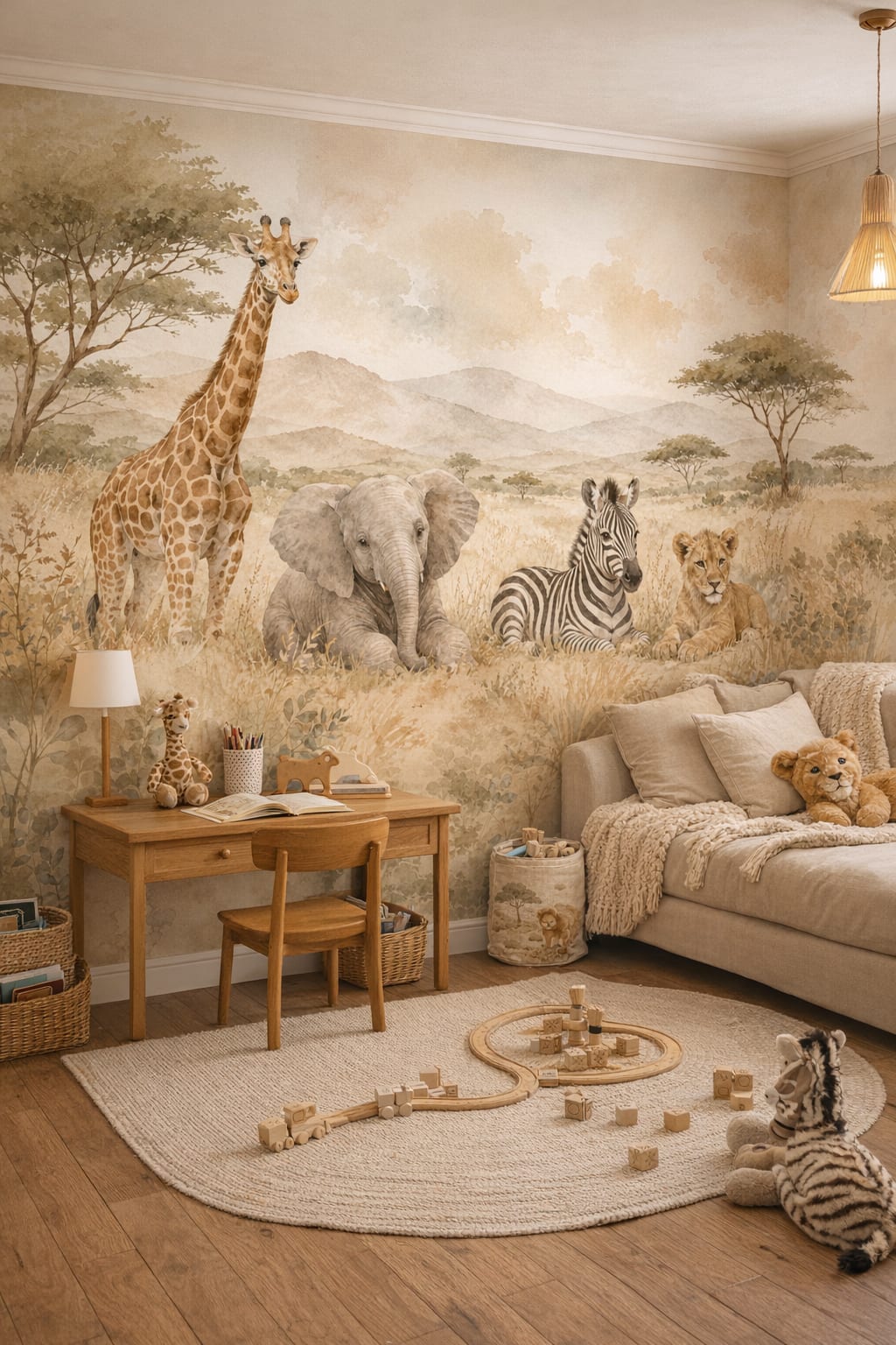 Classic Storybook dusty rose safari animals featuring savanna landscape - Wall Mural Peel and Stick Wallpaper for Classic Storybook Homework / Study Corner.
