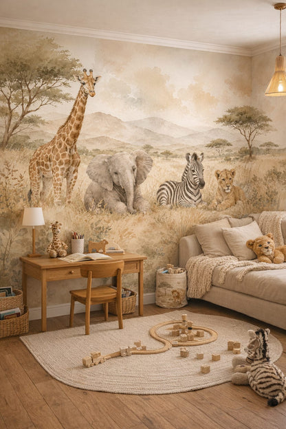 Classic Storybook dusty rose safari animals featuring savanna landscape - Wall Mural Peel and Stick Wallpaper for Classic Storybook Homework / Study Corner.