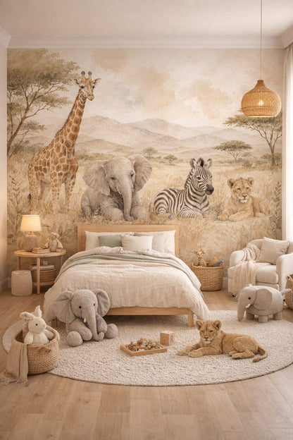 Gray mint safari animals featuring savanna landscape - Wall Mural Peel and Stick Wallpaper for Gender-Neutral Contemporary Kids Bedroom.