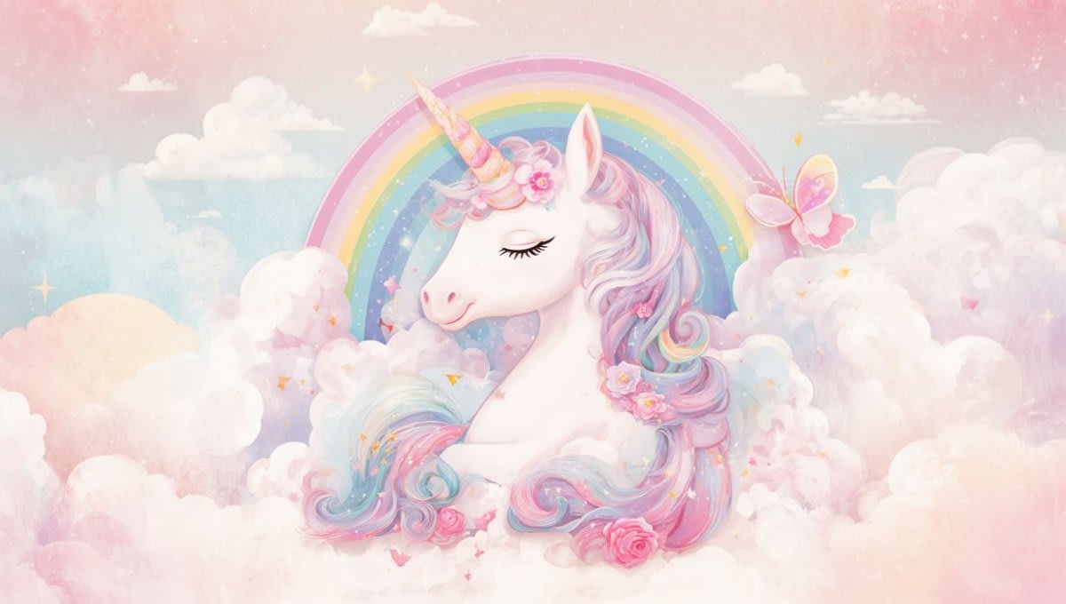 Whimsical dreamy Pastel Pink unicorn featuring rainbow and clouds - Wall Mural & Peel and Stick Wallpaper for Watercolor Nursery or Kids Room.